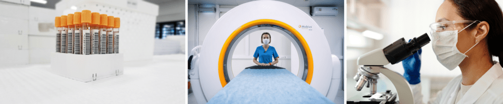 photos of blood tests, a woman standing at an MRI machine and a woman looking into a microscope
